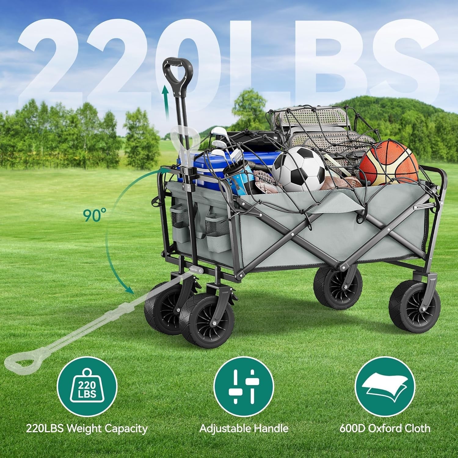 Grey Folding Beach Wagon Cart w/ Table Oversized Wheels Adjustable Handle 220lb