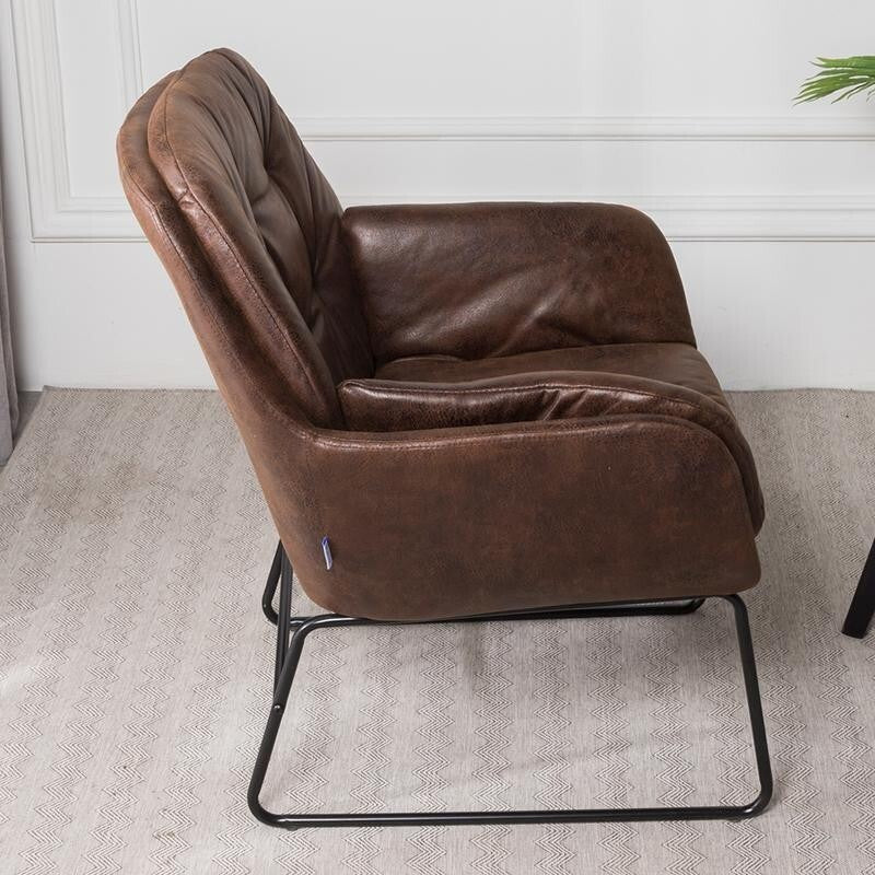 Brown PU Leather Accent Chair with Metal Legs – Tufted Lounge Armchair
