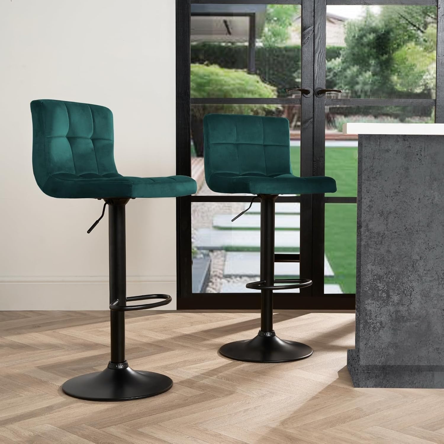 Set of 2 Adjustable Teal Velvet Bar Stools with Swivel & Footrest