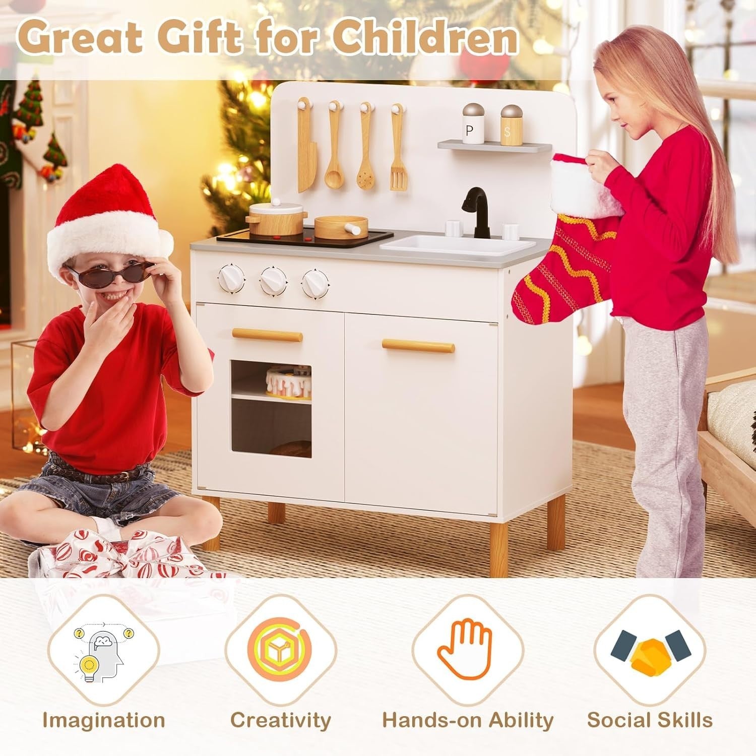 Wooden Kids Play Kitchen White w/ Lights Sounds Oven Accessories
