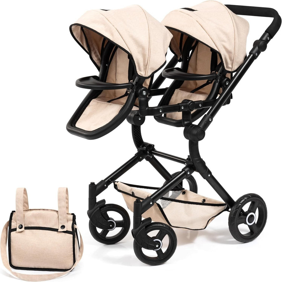 Twin Doll Pram Tandem Stroller Adjustable Reversible Handle Foldable 46cm