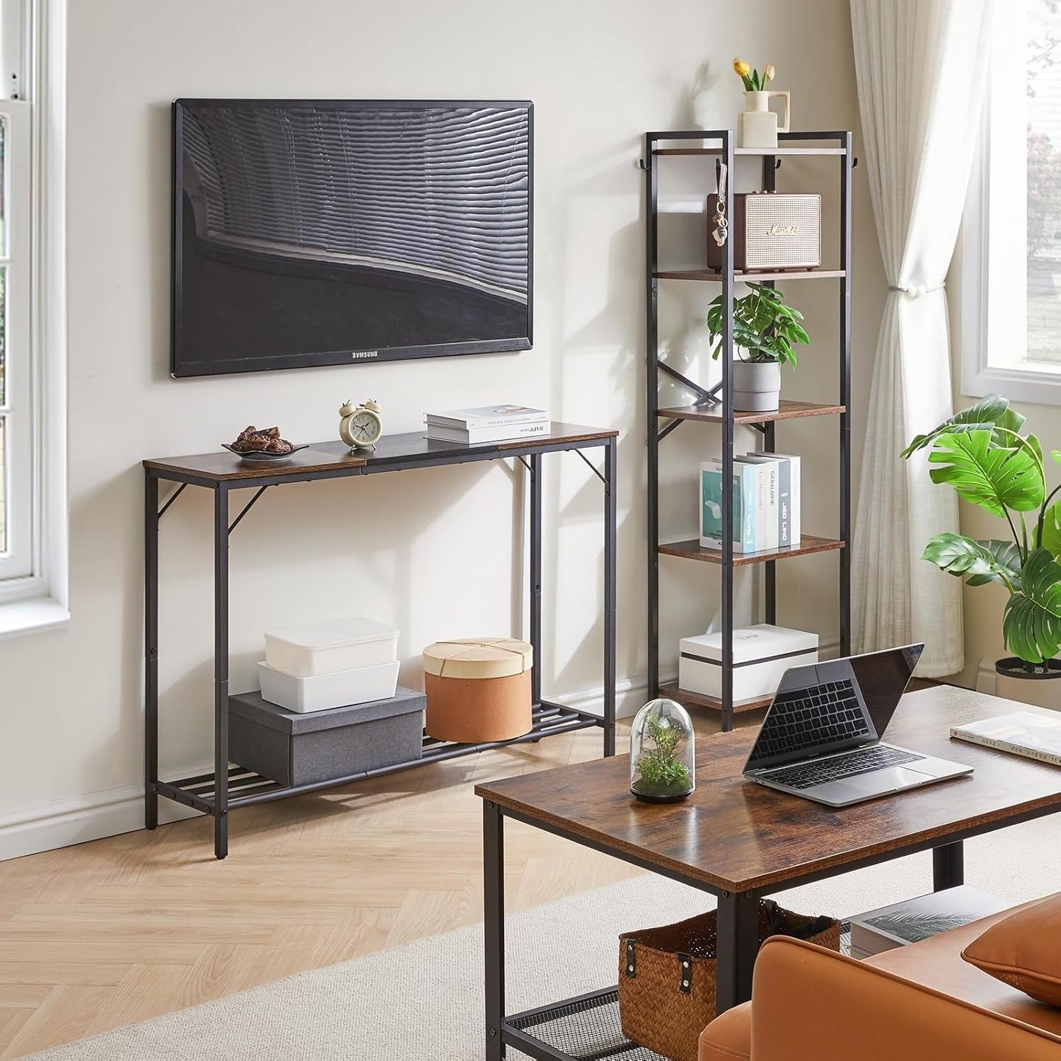 Industrial Narrow Console Table 107cm Sturdy Metal Frame Storage Shelf