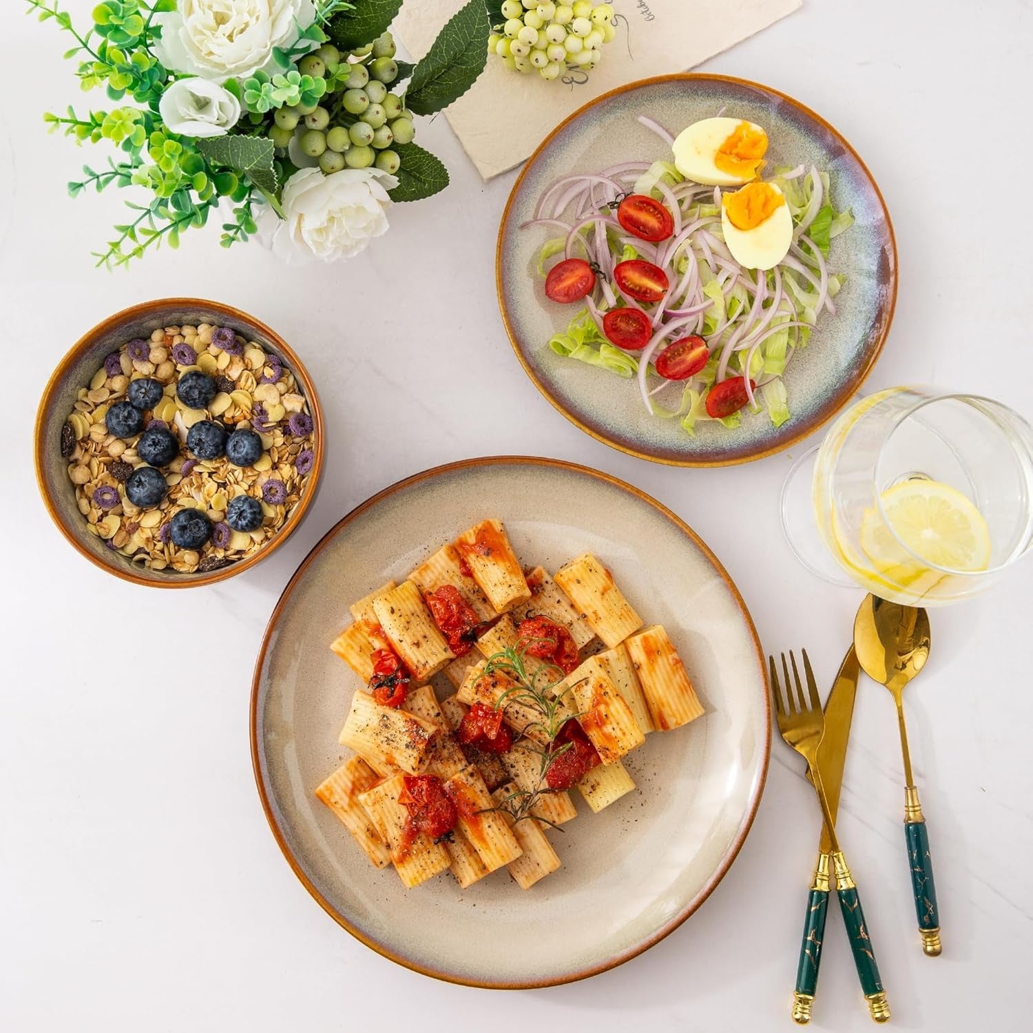18 Piece Stoneware Dinner Set for 6 Cappuccino Reactive Glaze Plates Bowls