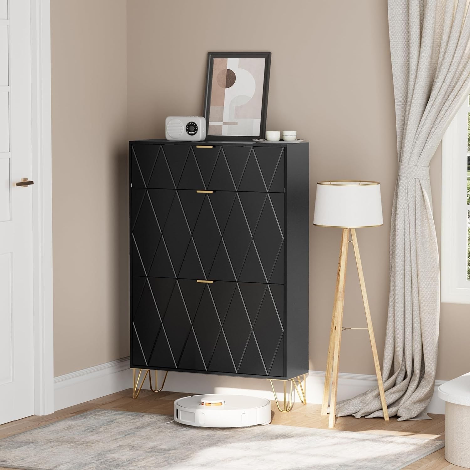 Modern Shoe Cabinet Black w/ Flip Drawers – 3 Compartments 16 Pairs Storage