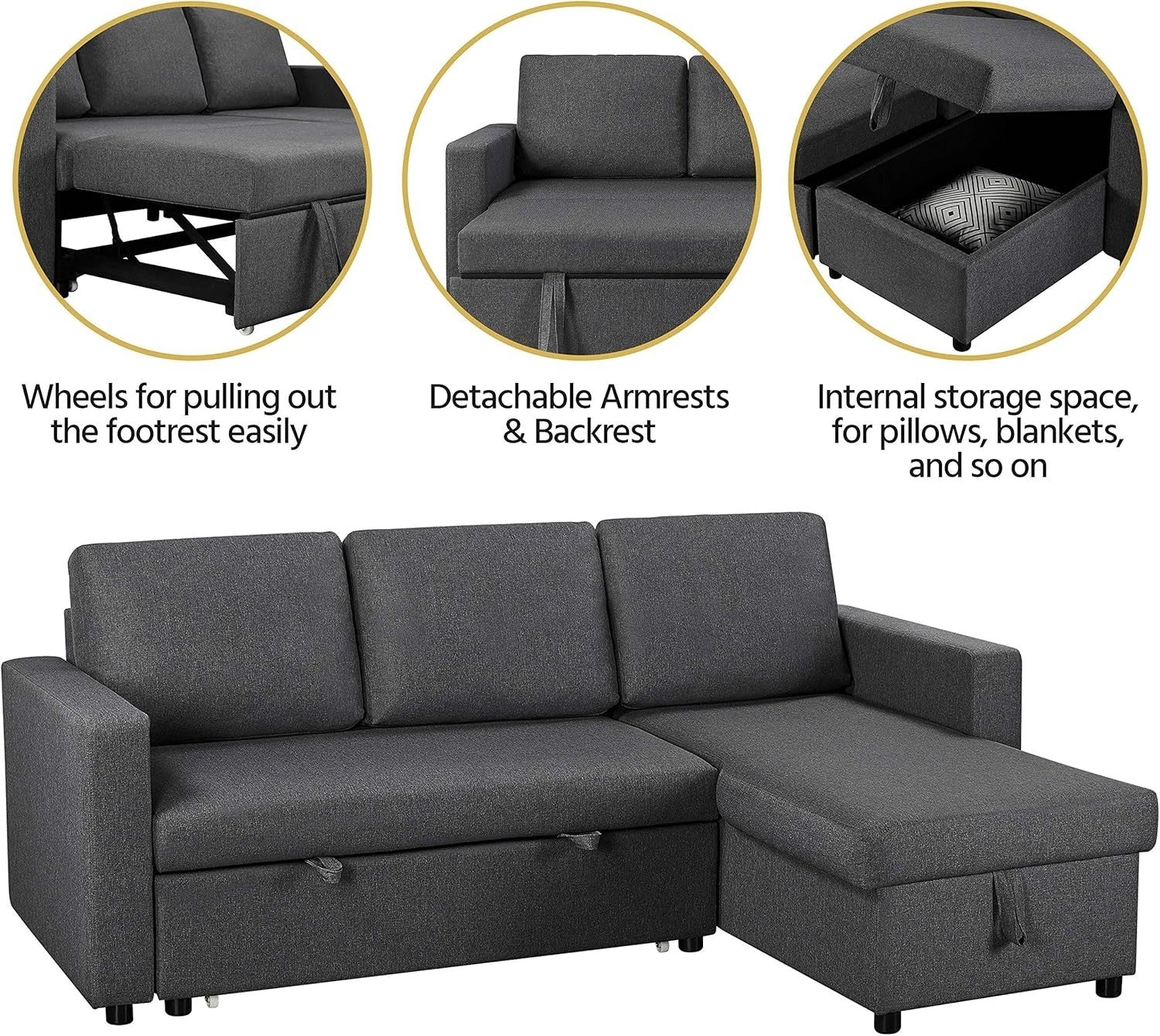 Grey L-Shaped Sofa Bed 3 Seater Pull Out Storage Corner Couch Modern