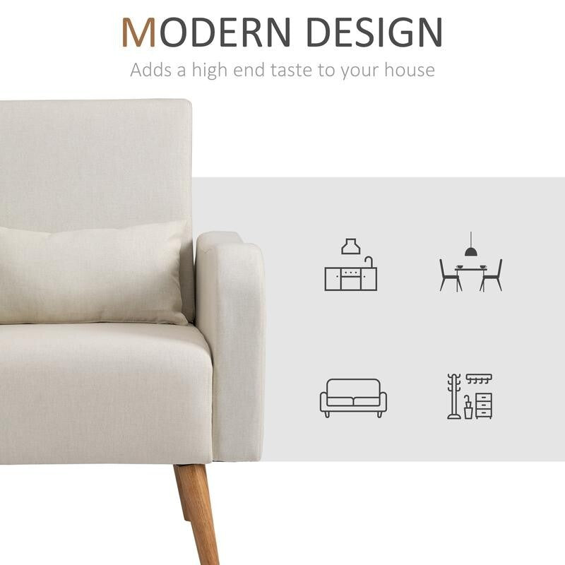 Cream Linen Accent Armchair Wooden Legs Lounge Chair Padded Seat Home Sofa