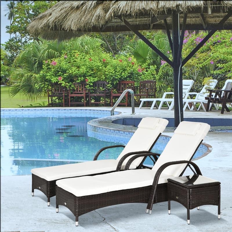 3Pc Rattan Recliner Lounger Set w/ Table Cushions Wheels Garden Patio