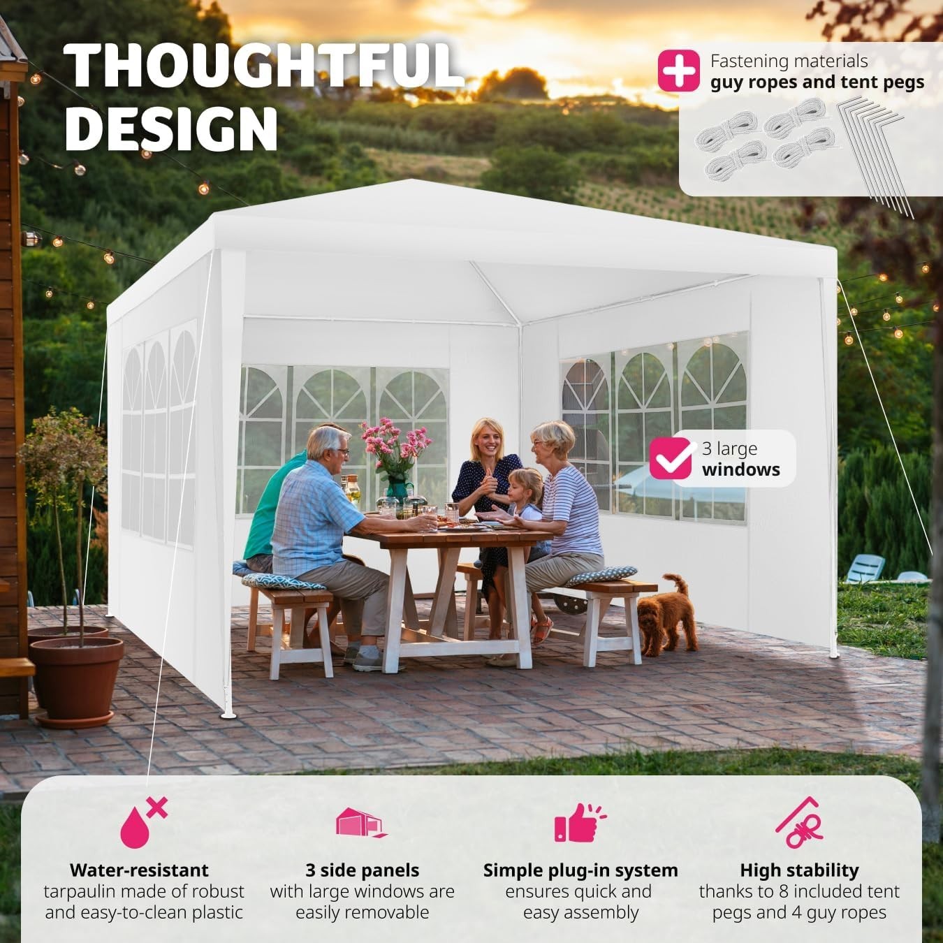3x3m White Garden Gazebo Waterproof UV Shelter w/ 3 Side Panels & Steel Frame