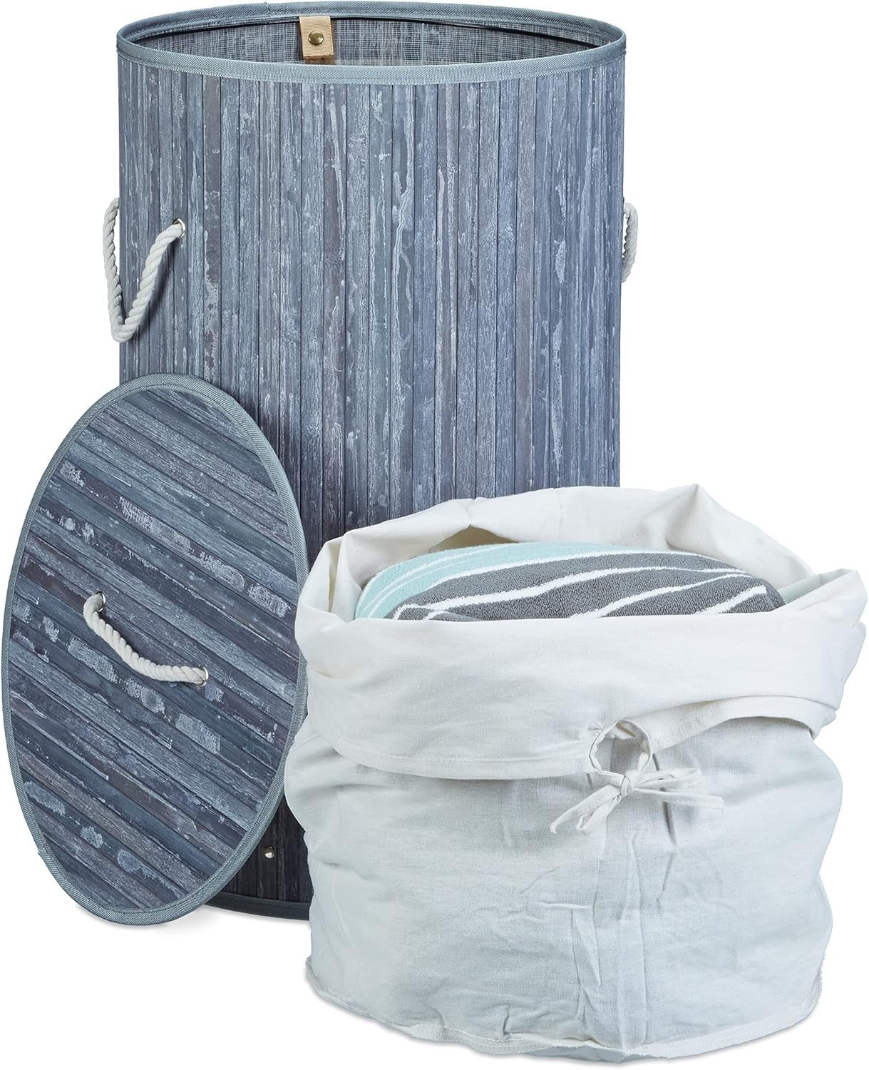 Grey Round Bamboo Laundry Basket 80L with Lid & Cotton Liner Foldable 65×41cm