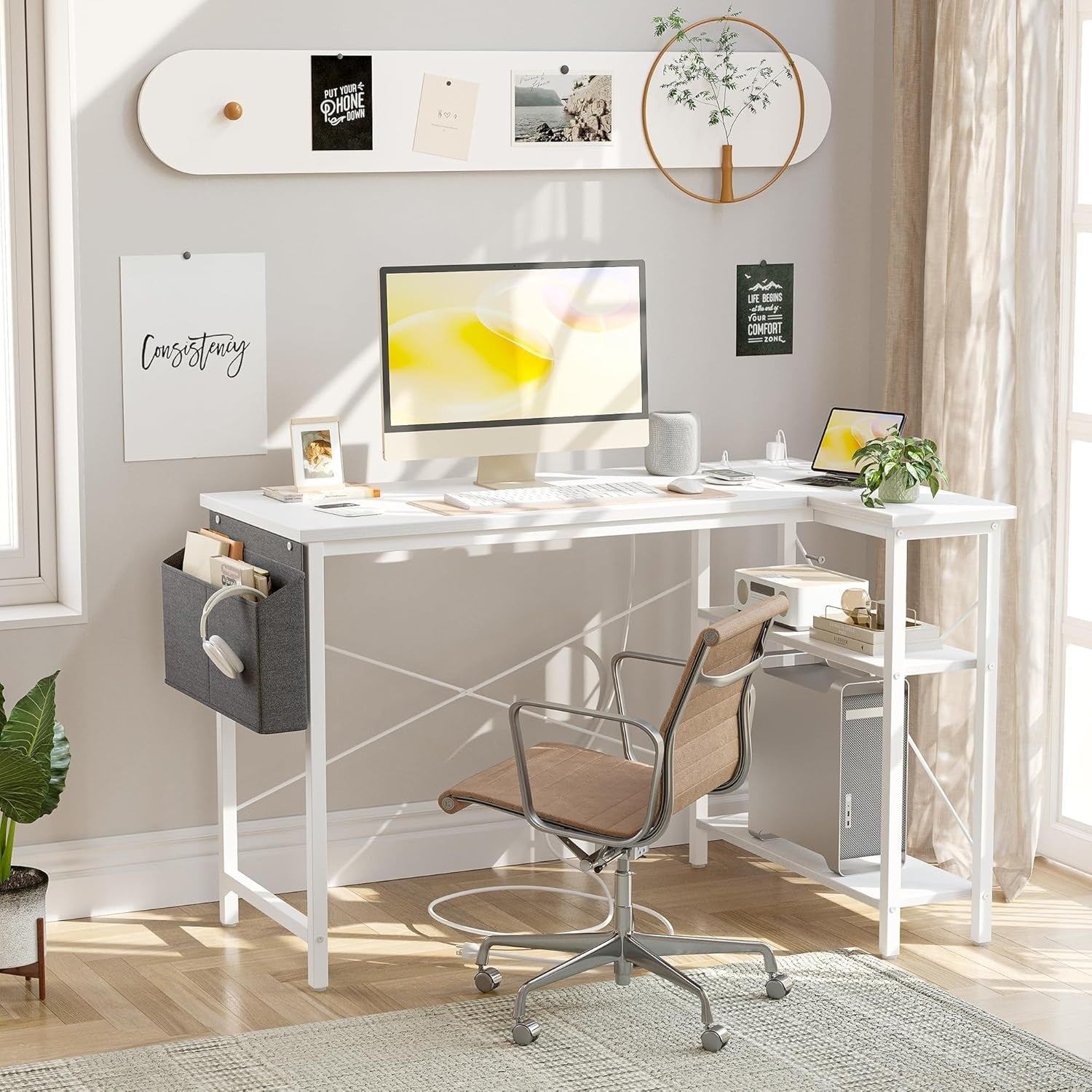 White L-Shaped Computer Desk 140x70cm with USB Power Outlets & Shelves