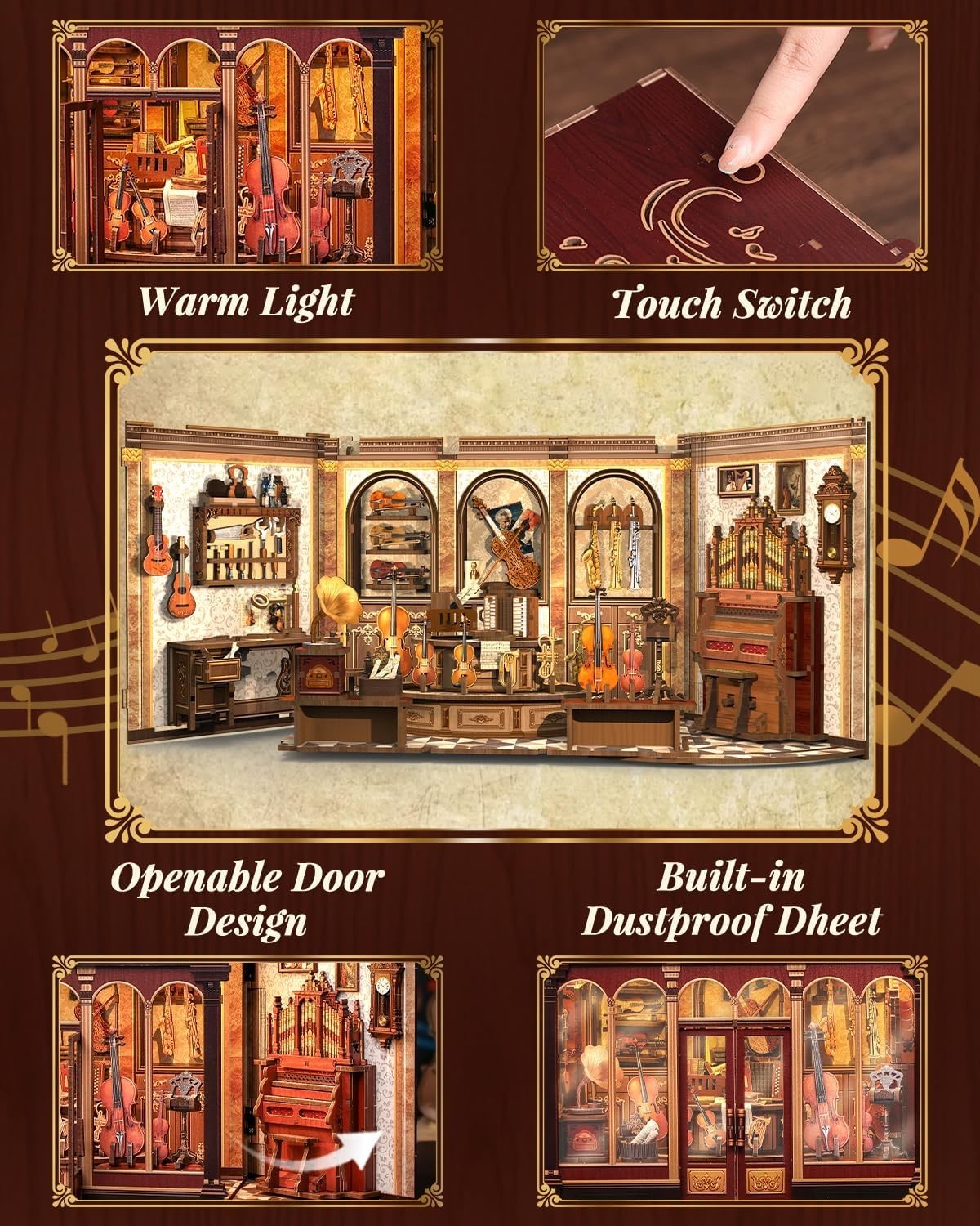 DIY Book Nook Kit Classical Music Workshop LED Miniature Bookend Decor