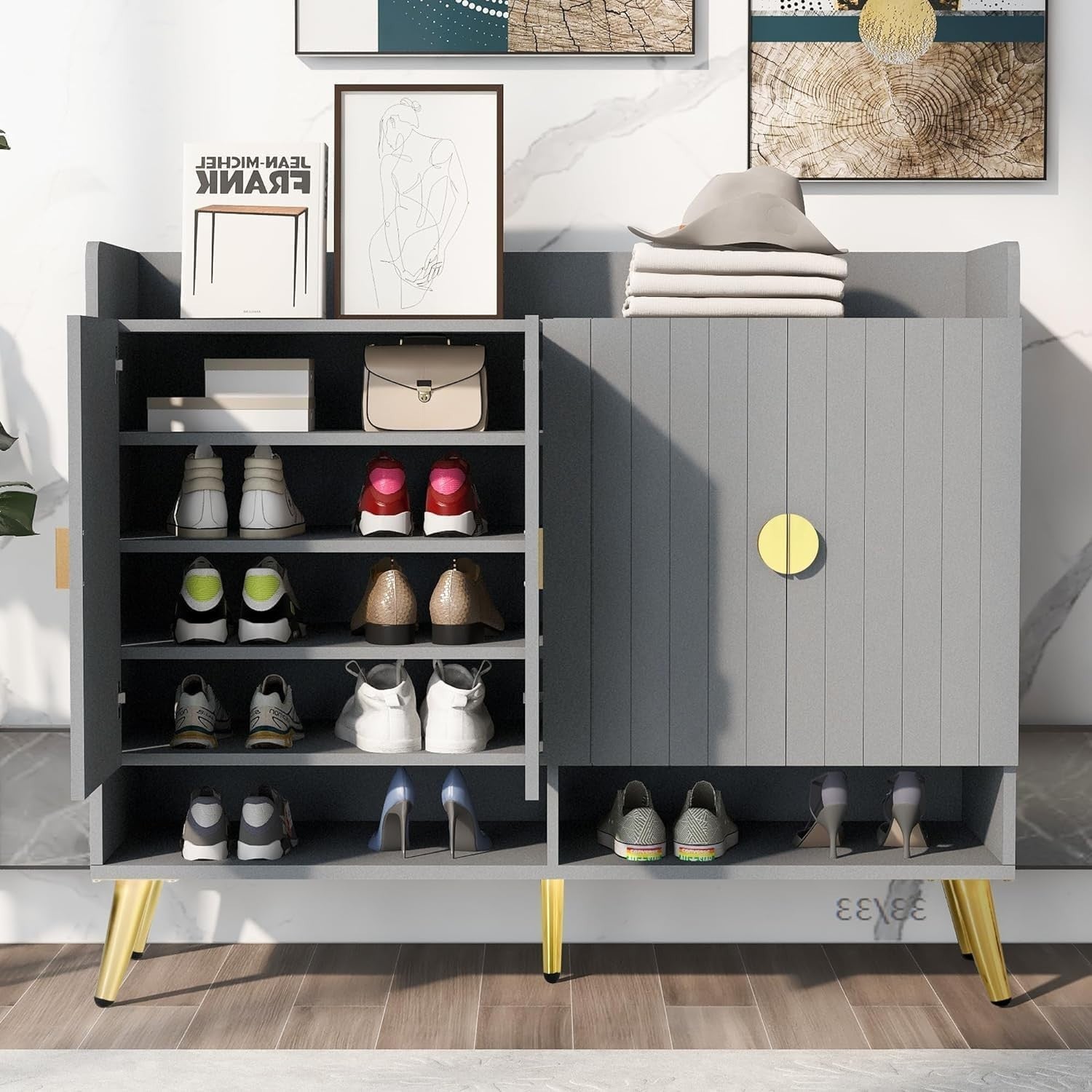 Modern Grey Shoe Storage Cabinet with 11 Shelves, Entryway Organizer