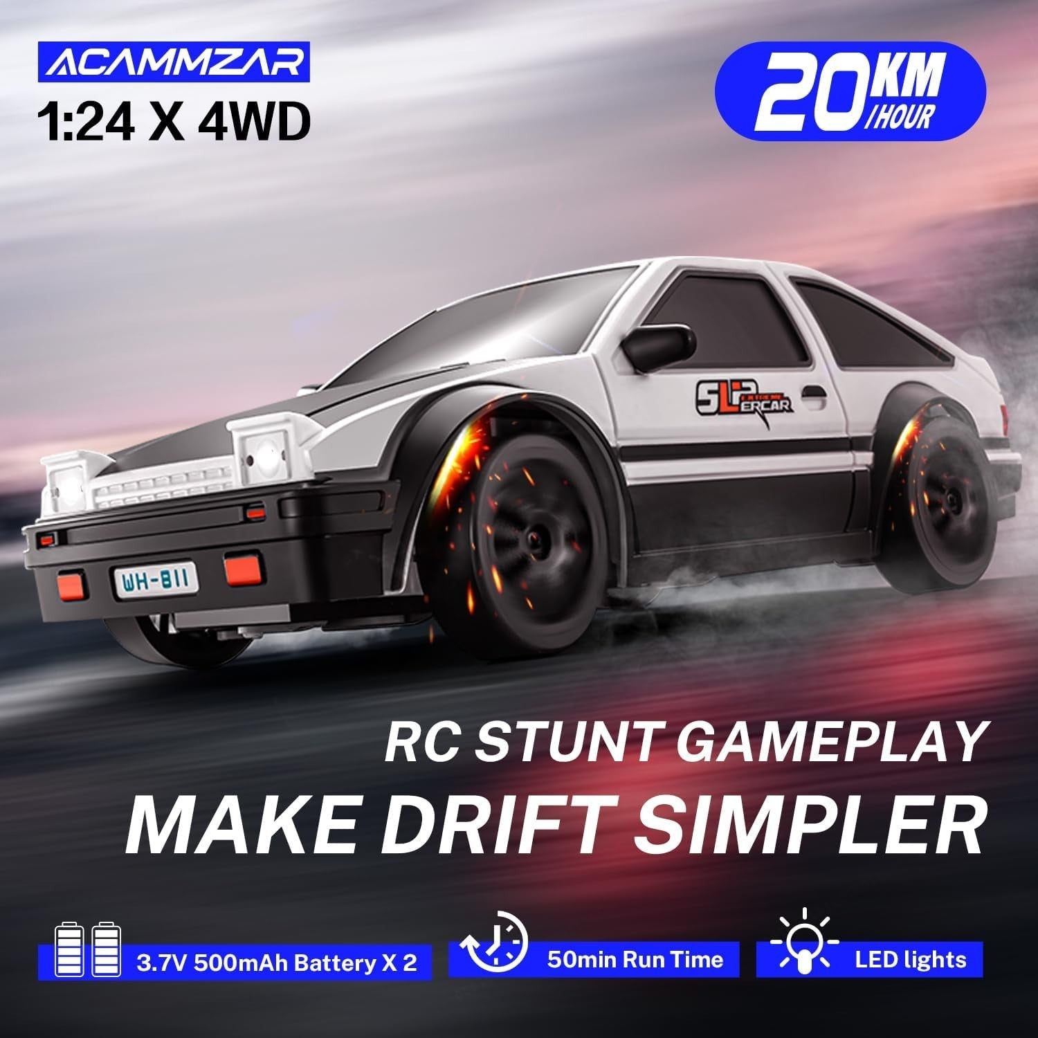 1:24 RC Drift Car 20KM/H–4WD Remote Control Toy with LED Lights & Extra Tires