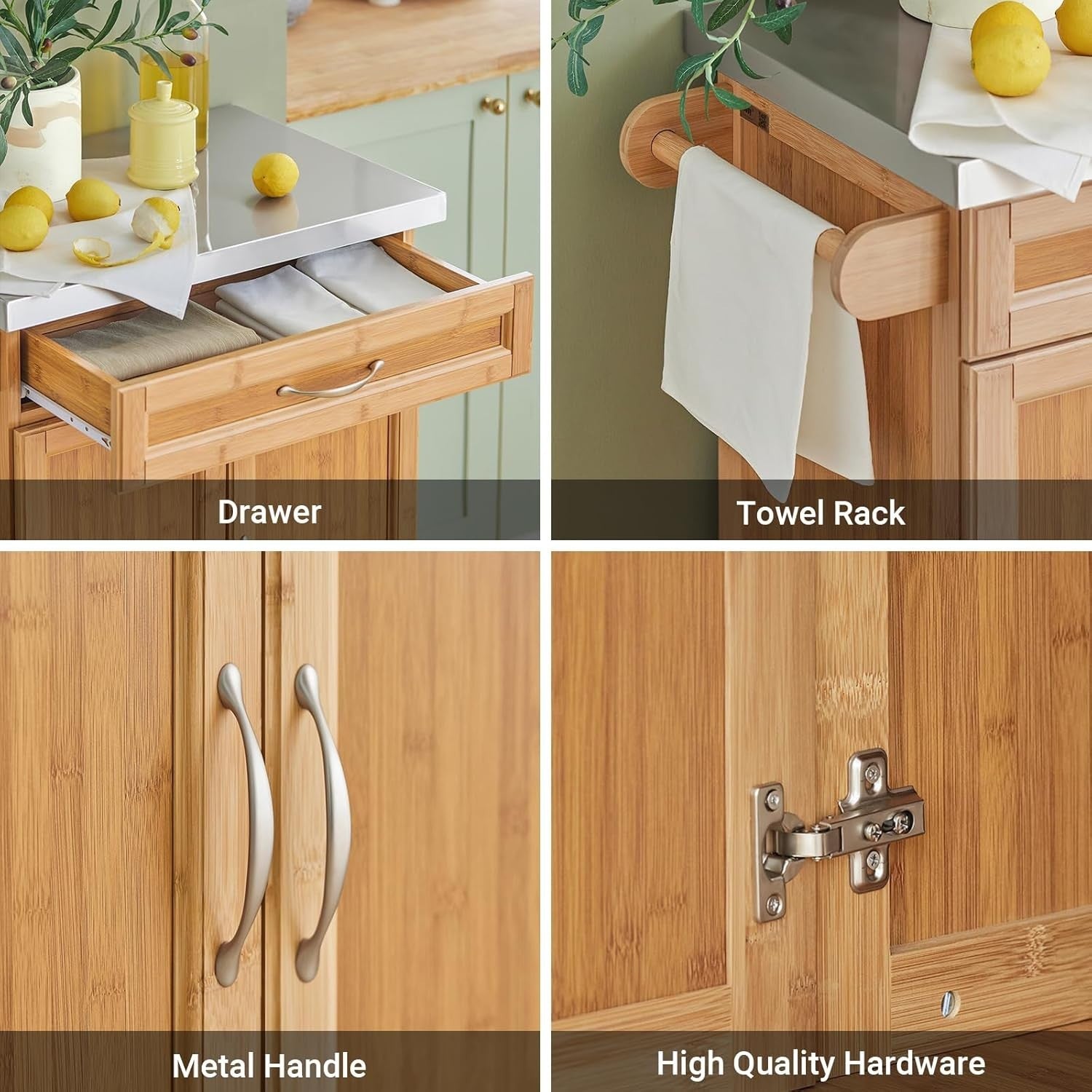Bamboo Kitchen Trolley Stainless Steel Top Storage Cart