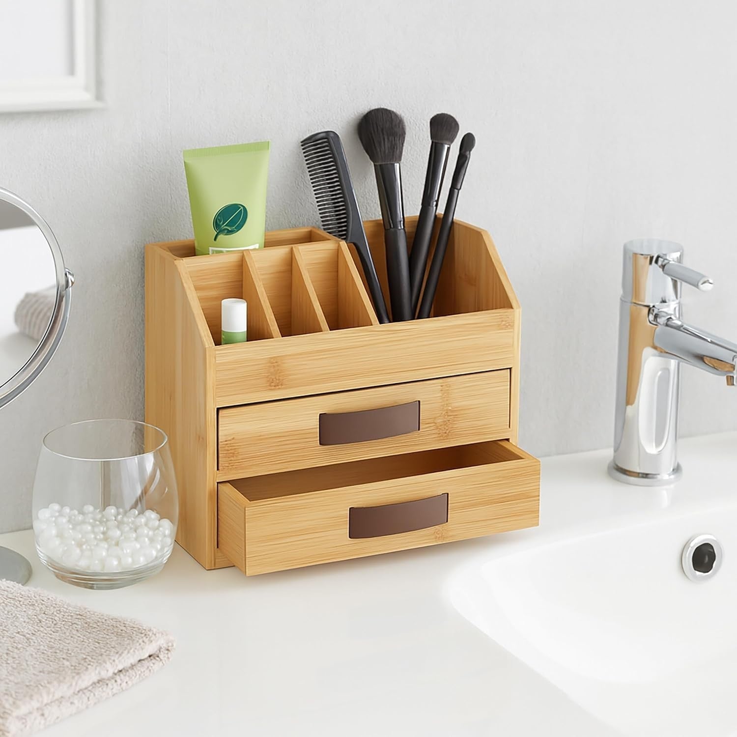Desk Organiser with Drawers & Compartments – Bamboo Storage Box 19x24x14cm