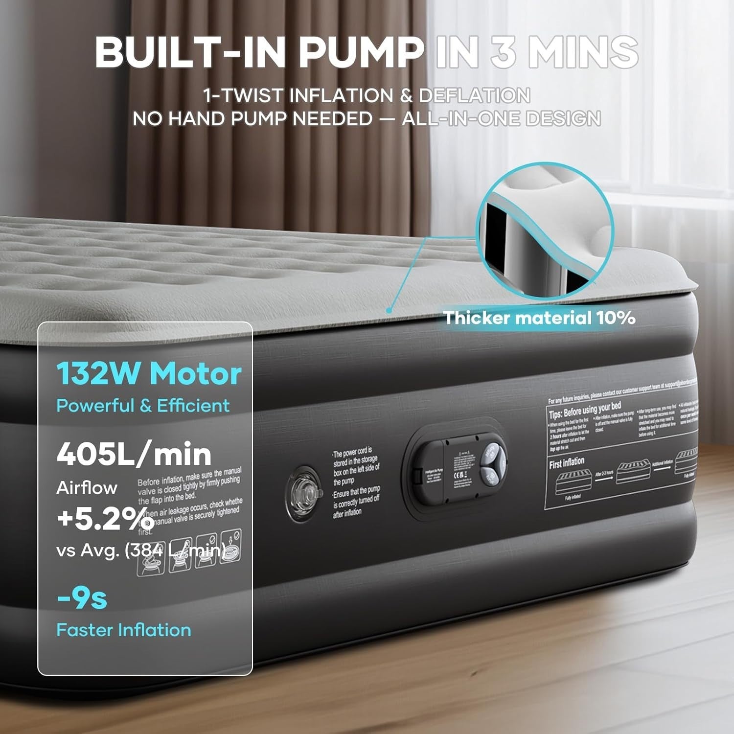 Luxury Super King Inflatable Air Bed Built-In Pump 46cm High Flocked Top