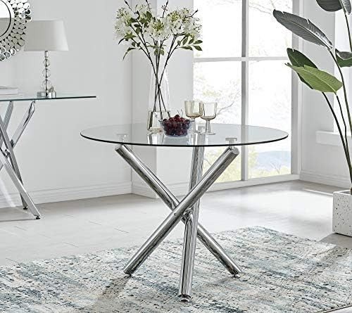 Round Glass Dining Table 100cm Silver Chrome Modern 4 Seater