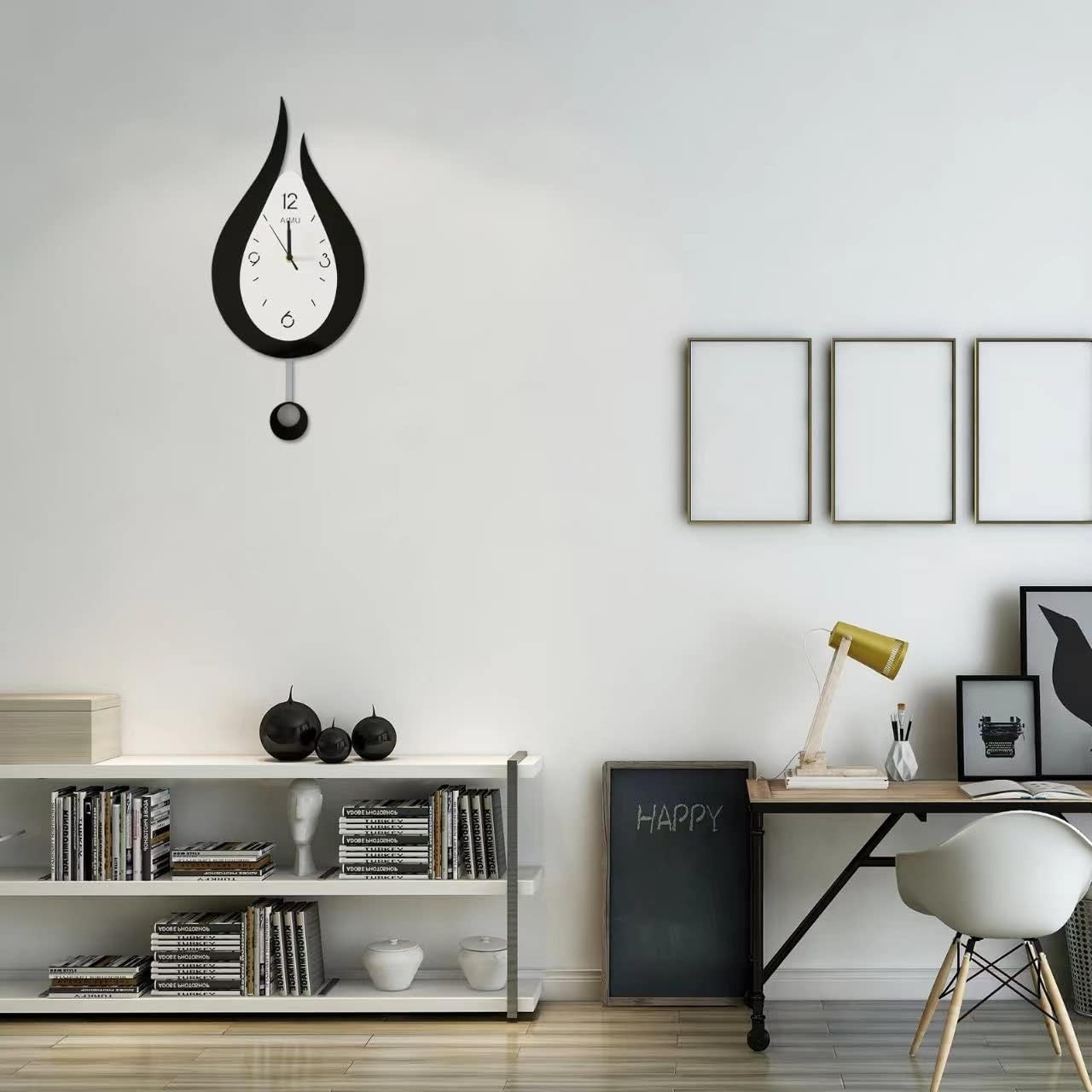 Modern Silent Wall Clock Water Drop Design with Pendulum 20.4” Black White