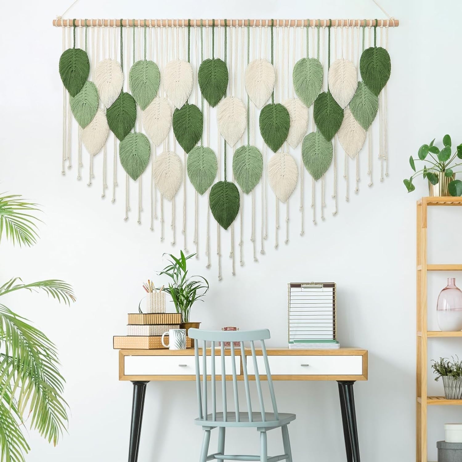 Large Boho Macrame Wall Hanging Leaf Woven Decor Green/Beige