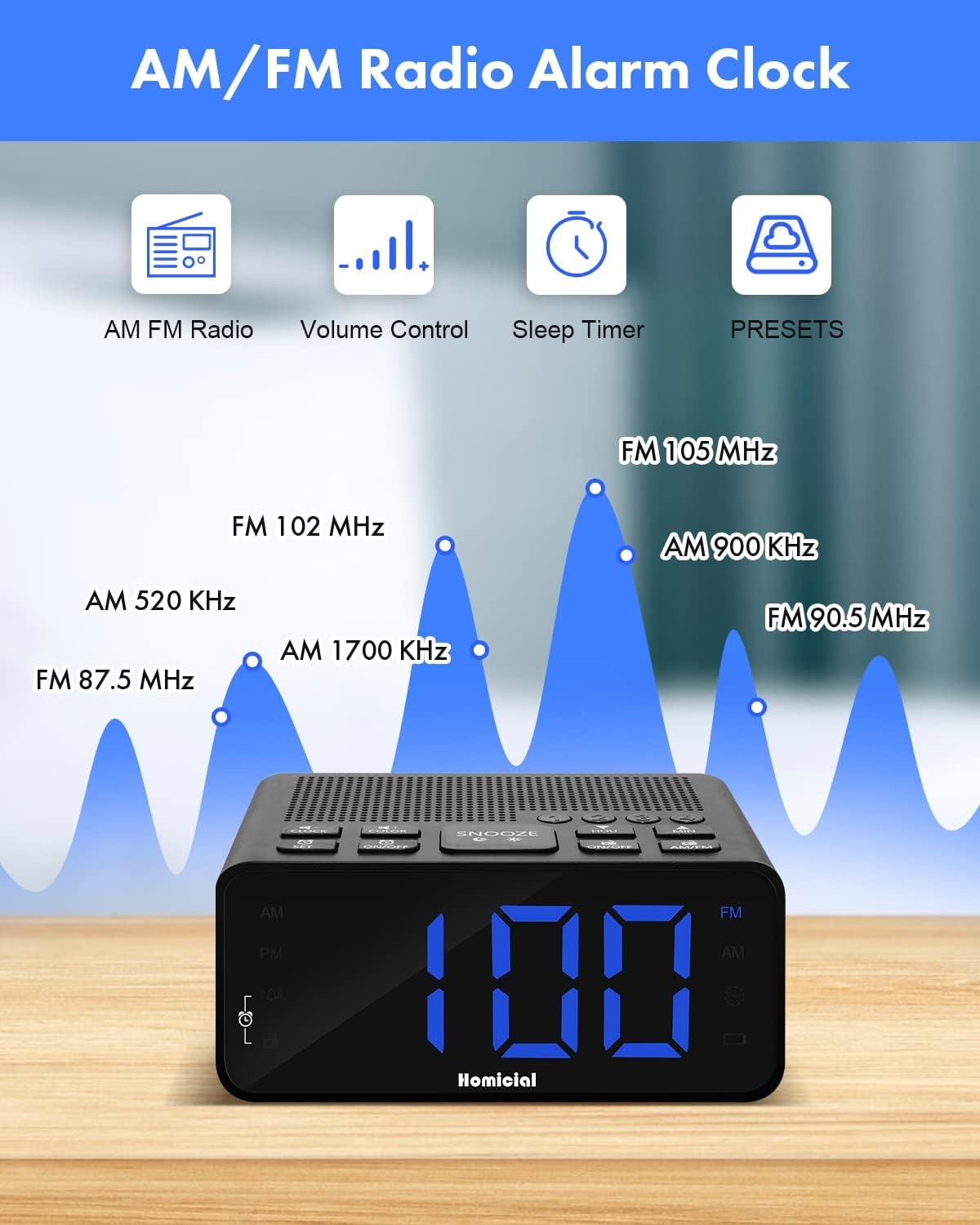 Digital Alarm Clock FM Radio Large LED Display Snooze Black