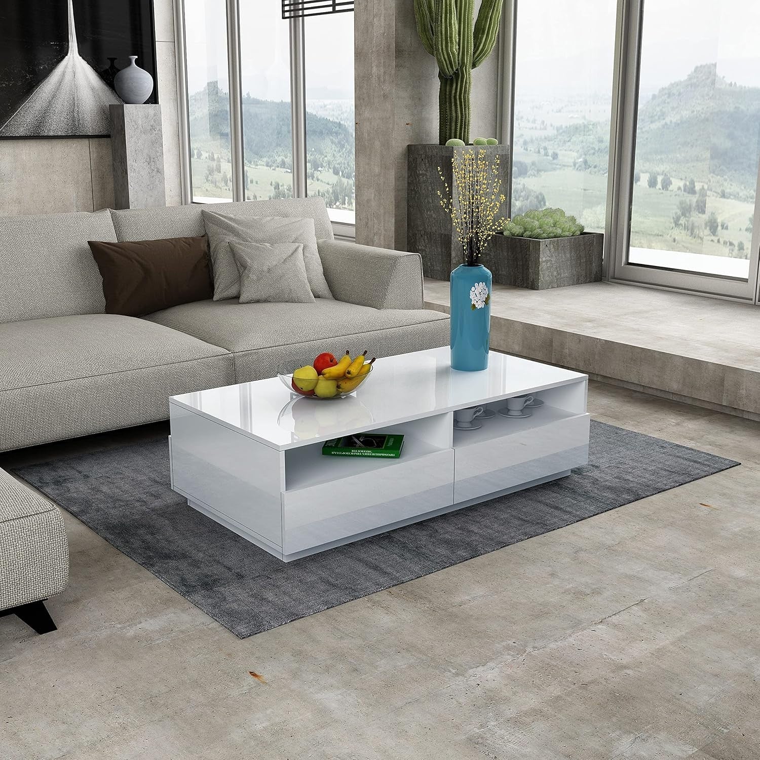 Modern White Gloss Coffee Table with 4 Drawers Storage 85x55x35cm