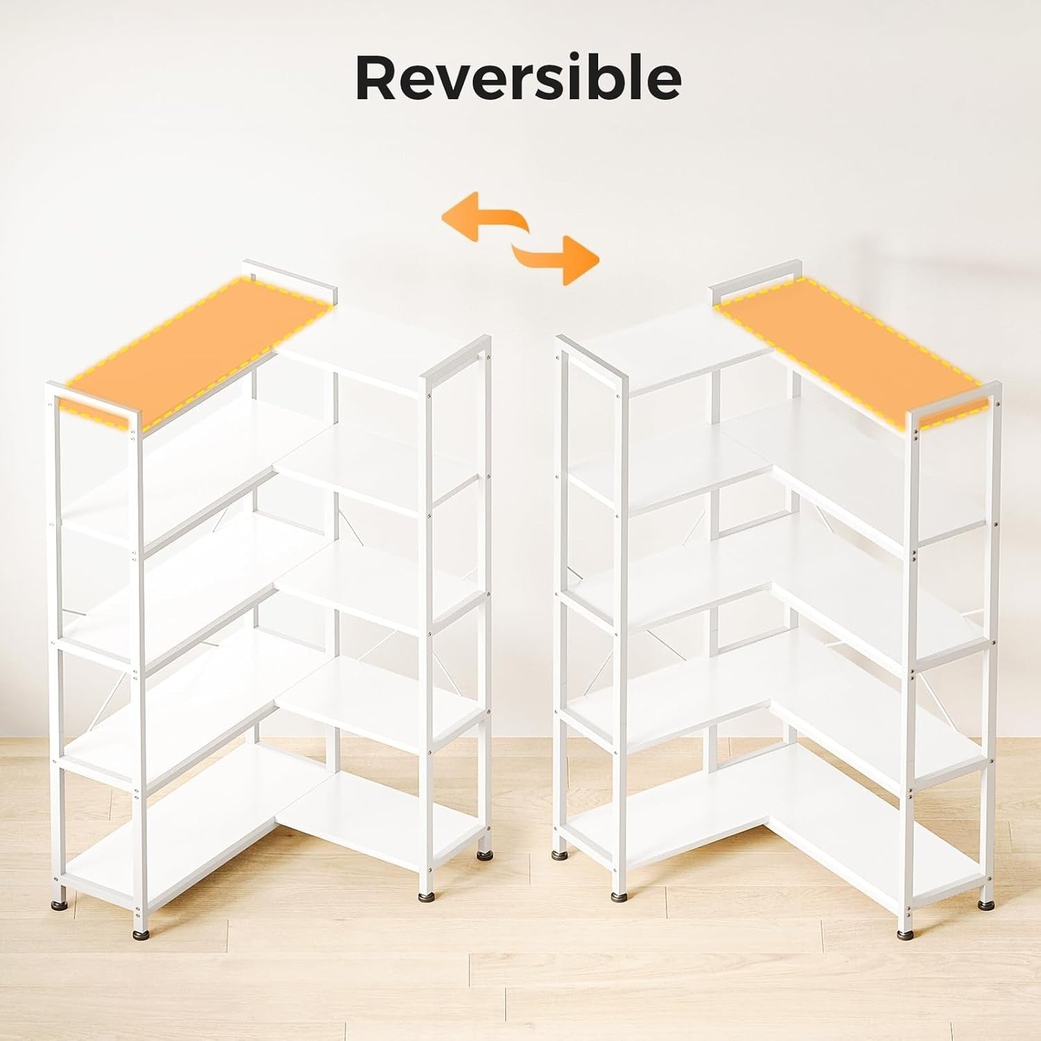 5 Tier L Shaped Corner Bookcase White Metal & Wood Storage Shelf