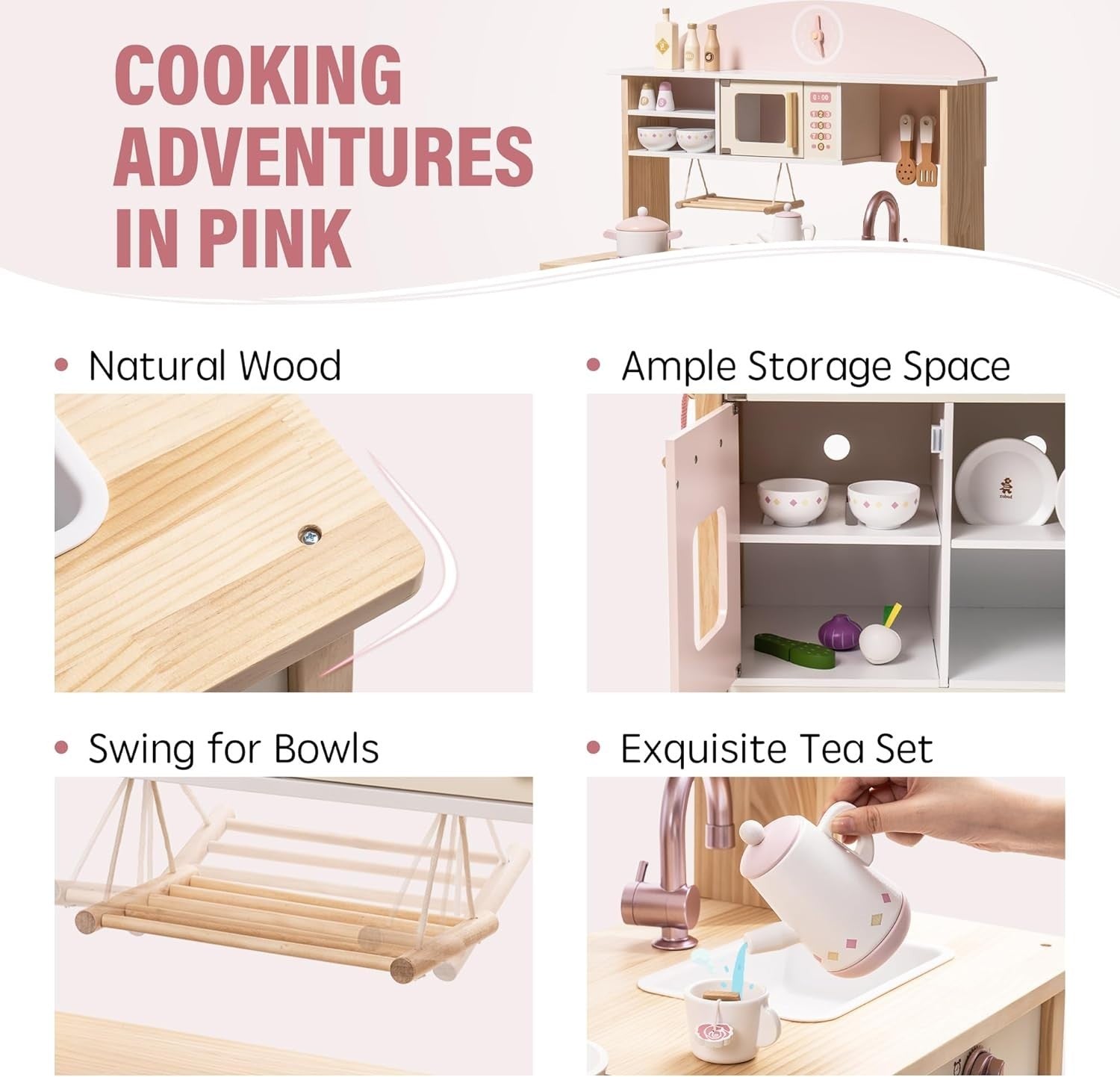 Wooden Kids Play Kitchen Pink w/ Accessories Oven Tea Set Toy