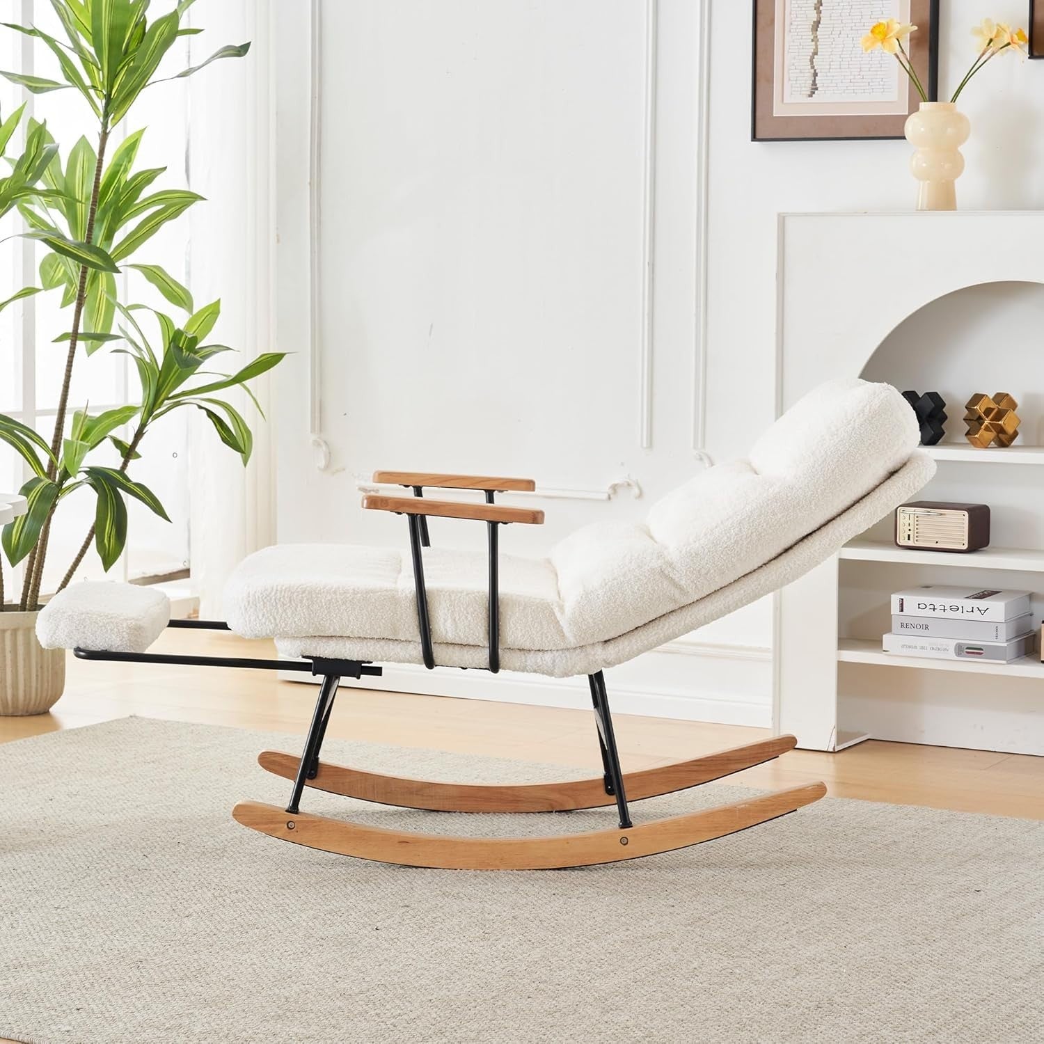 Comfortable Reclining Rocking Chair with Footrest Soft Boucle Fabric Armchair