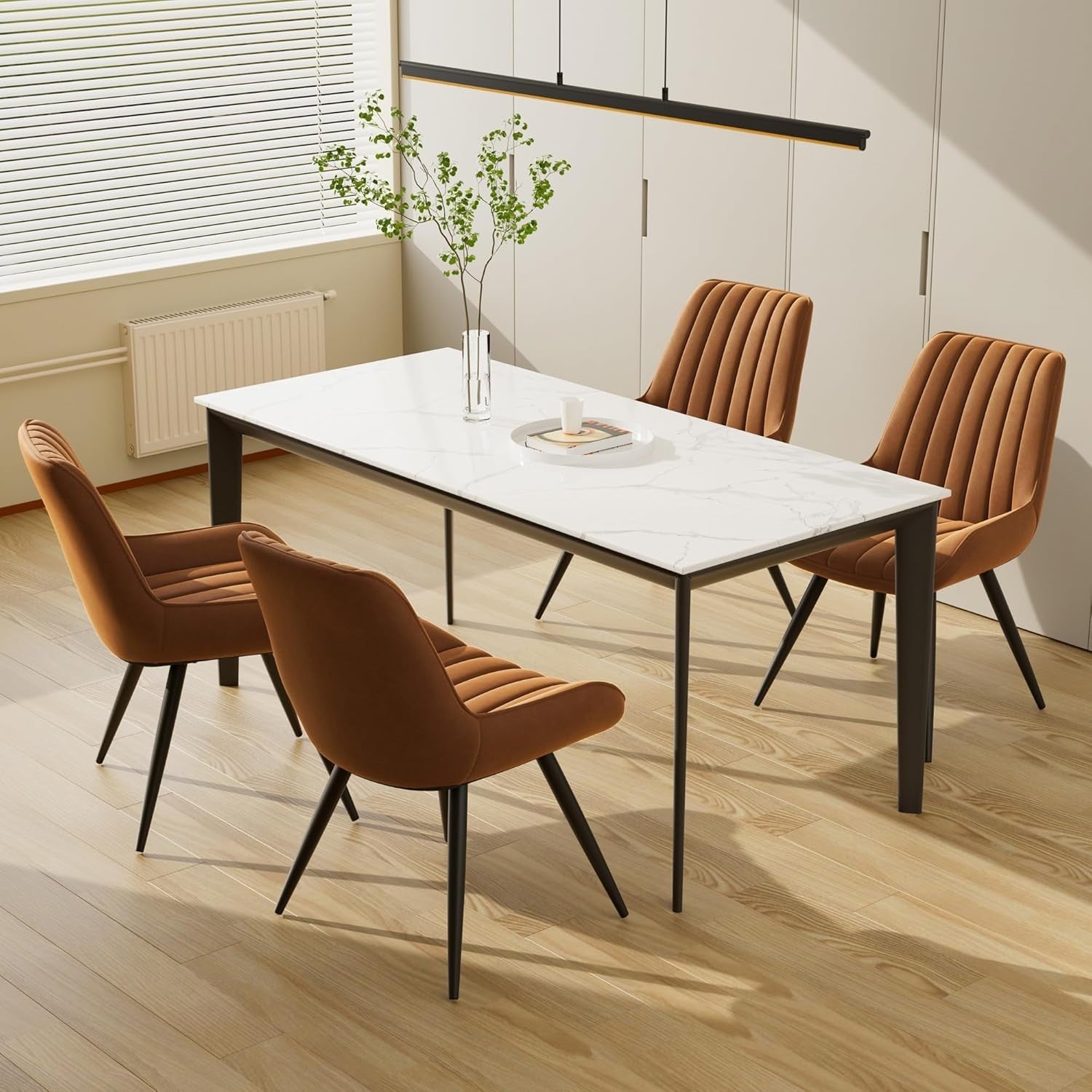 4 Brown Upholstered Dining Chairs Thick Cushion Kitchen Chair Metal Legs