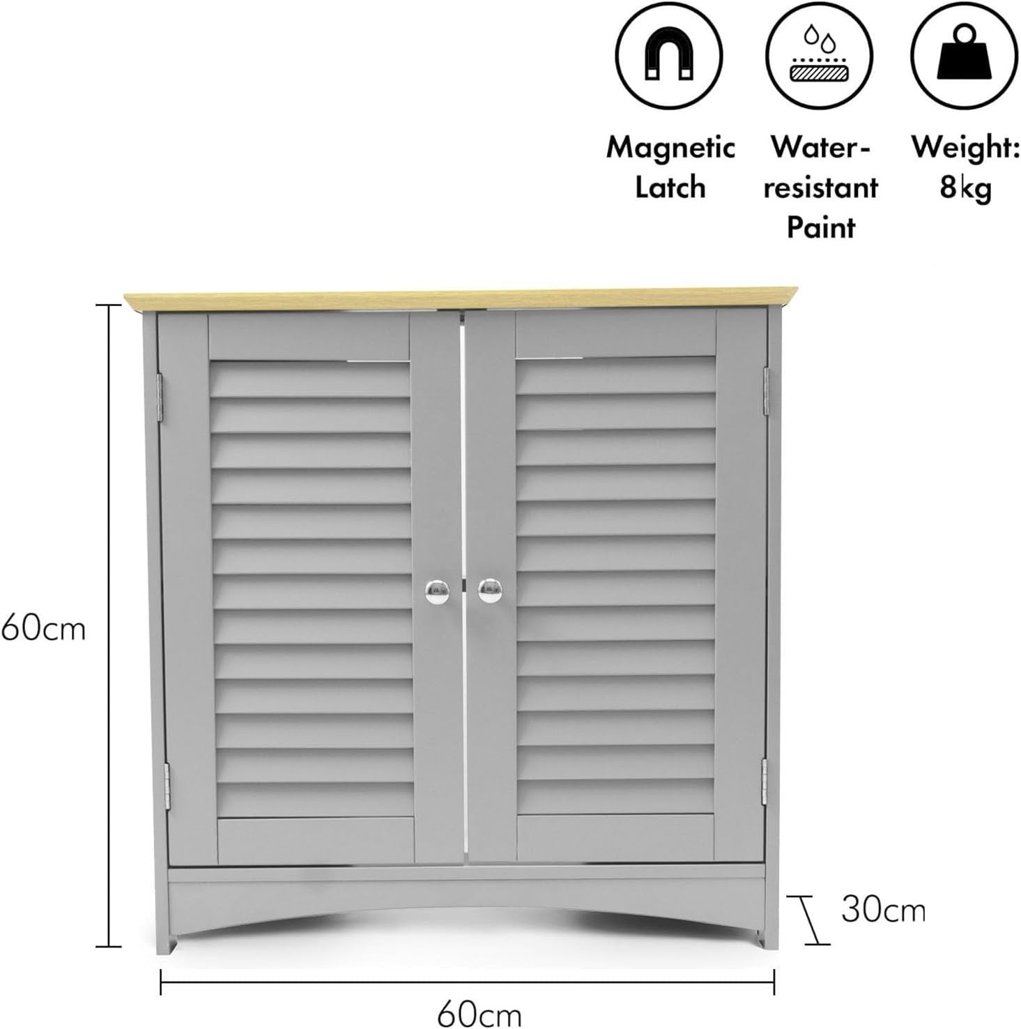 Grey Under Sink Bathroom Cabinet w/ Oak Top | 60cm Cupboard, Shutter Doors
