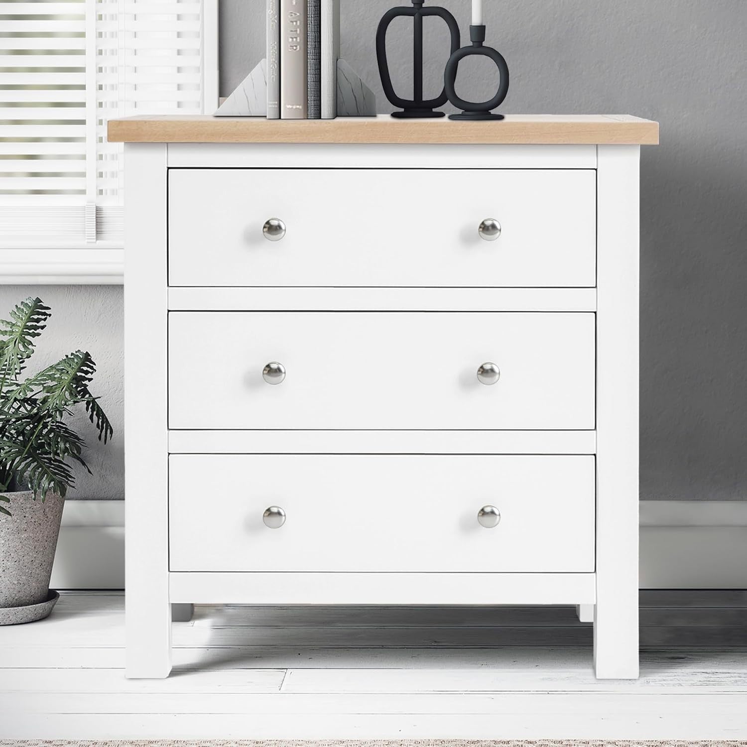 White 3 Drawer Solid Wood Chest Oak Top Bedroom Storage Cabinet Unit