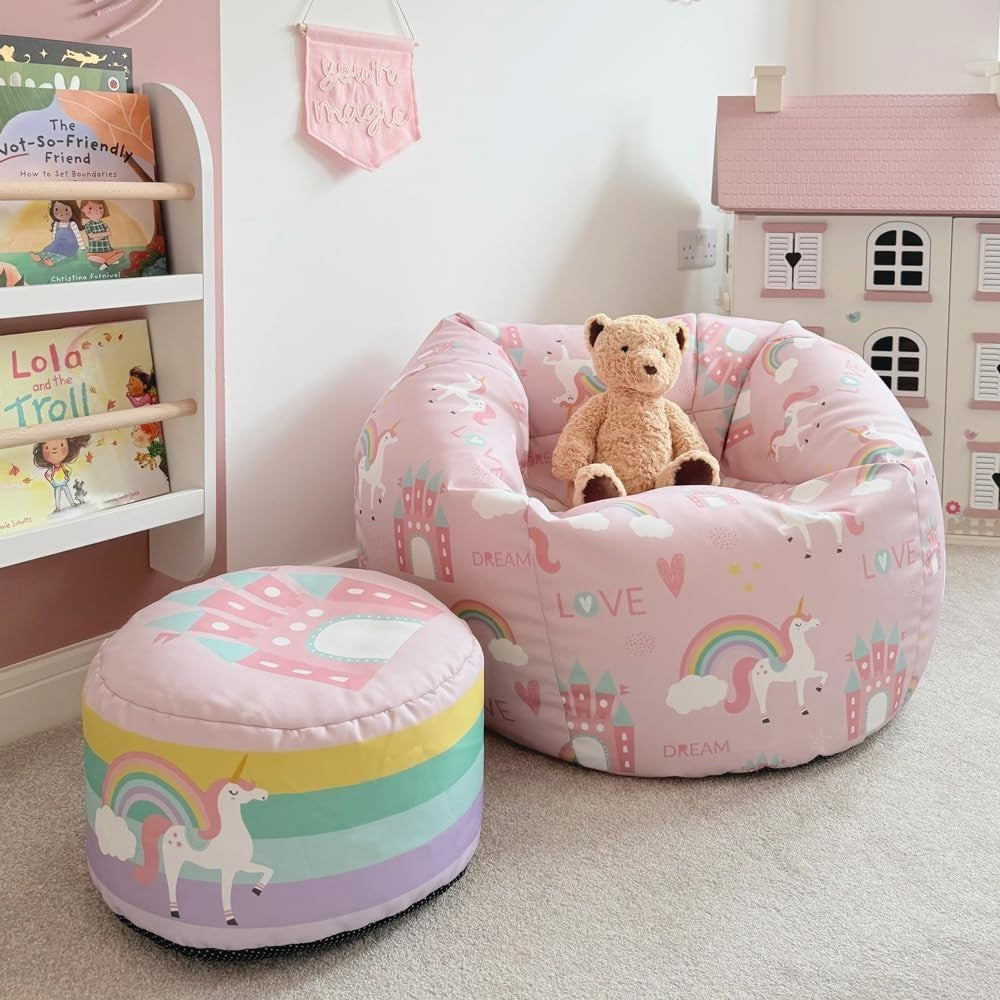 Unicorn Castle Kids Bean Bag with Footstool | Machine Washable Soft Seat