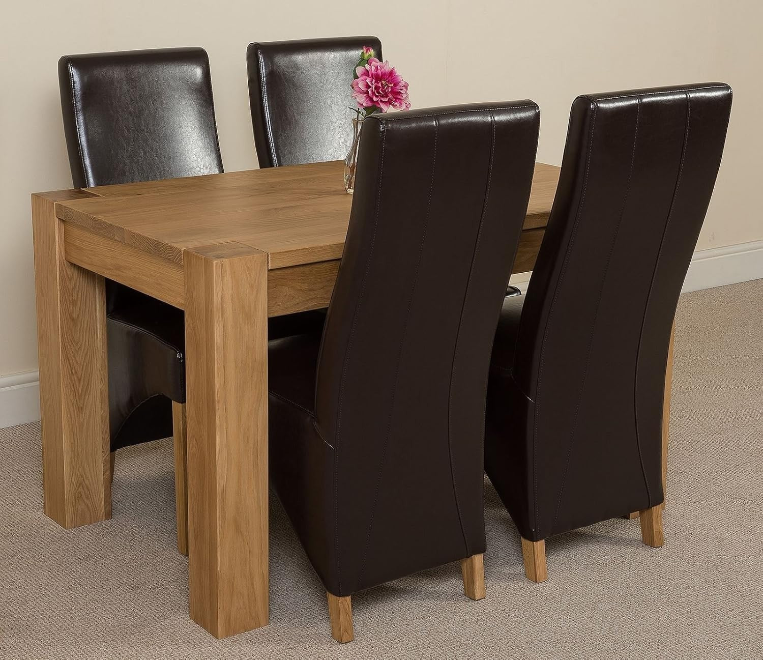 Solid Oak Dining Table & 4 Leather Chairs Set Small Room 125x80cm