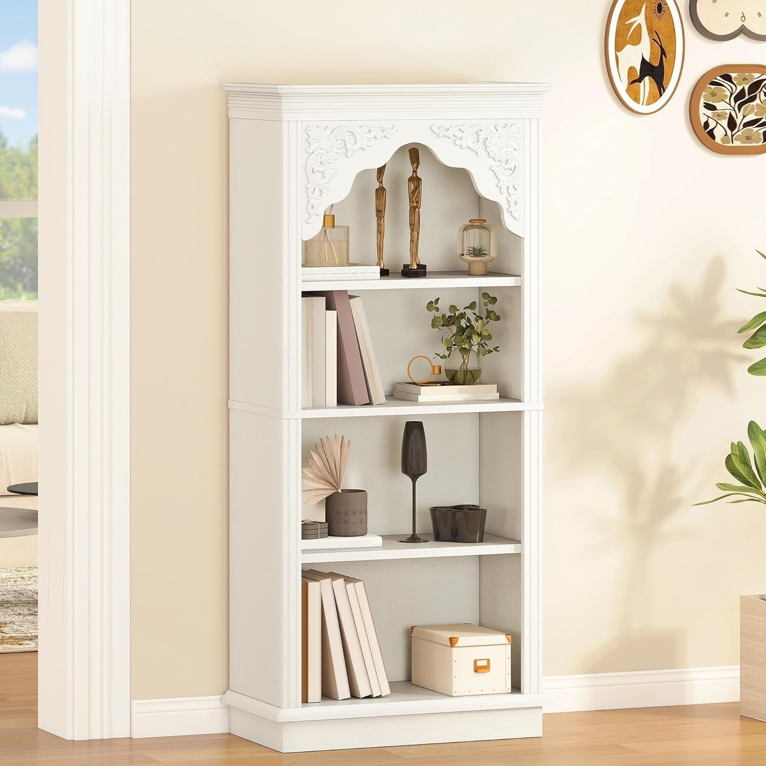 4-Tier White Upright Bookcase with Carved Design | Adjustable Shelves 140cm