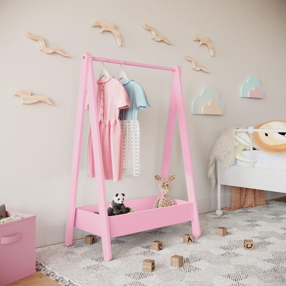 Kids Wooden Dress Up Clothes Rail with Shelf – Pink