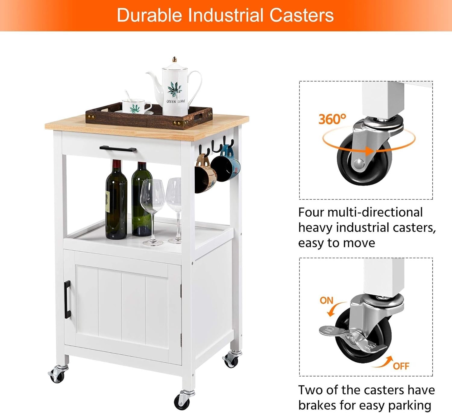Kitchen Island Trolley on Wheels with Cabinet Drawer Hooks Rolling Serving Cart