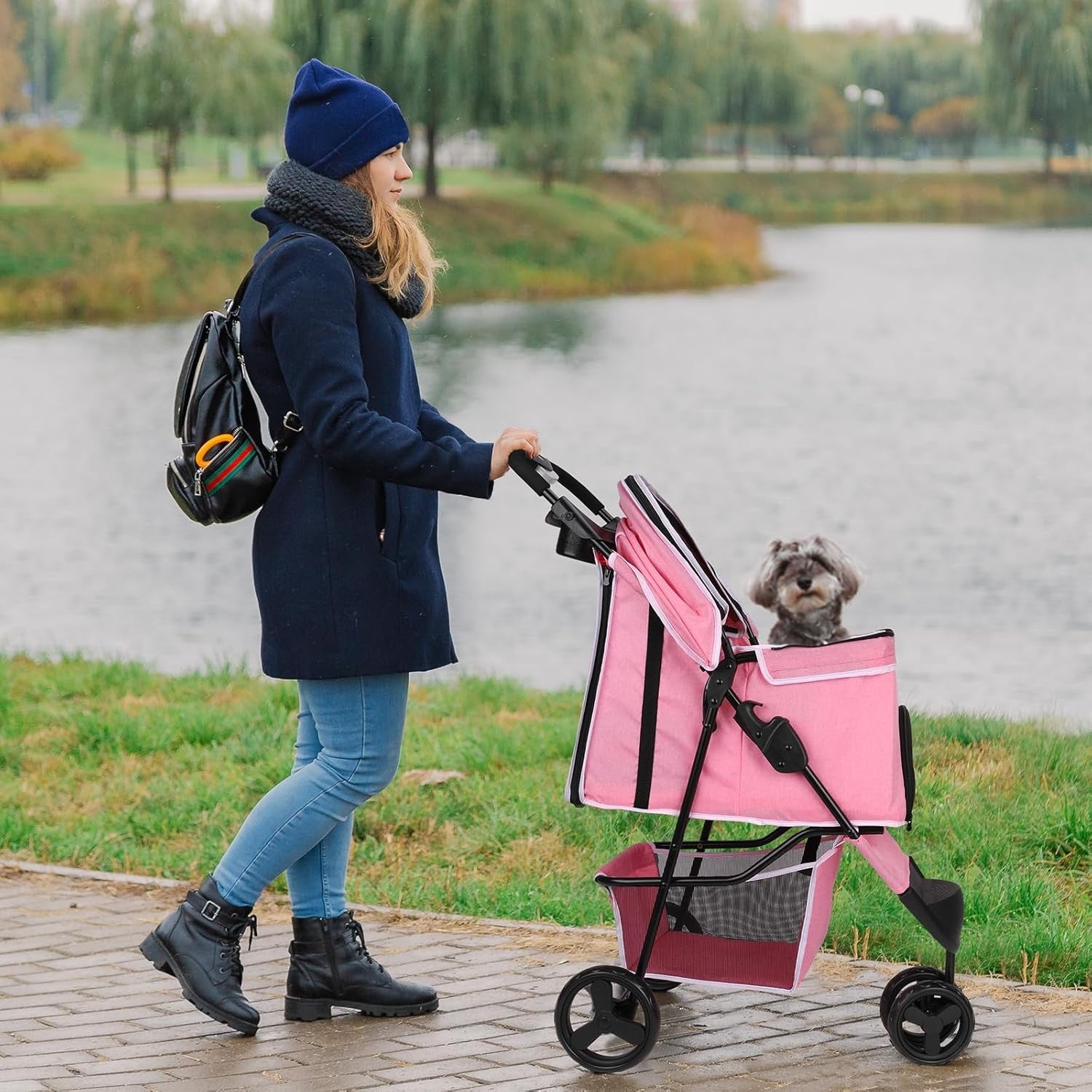 Pink Folding Pet Stroller Dog Cat Pushchair Storage Basket Easy Fold Wheels