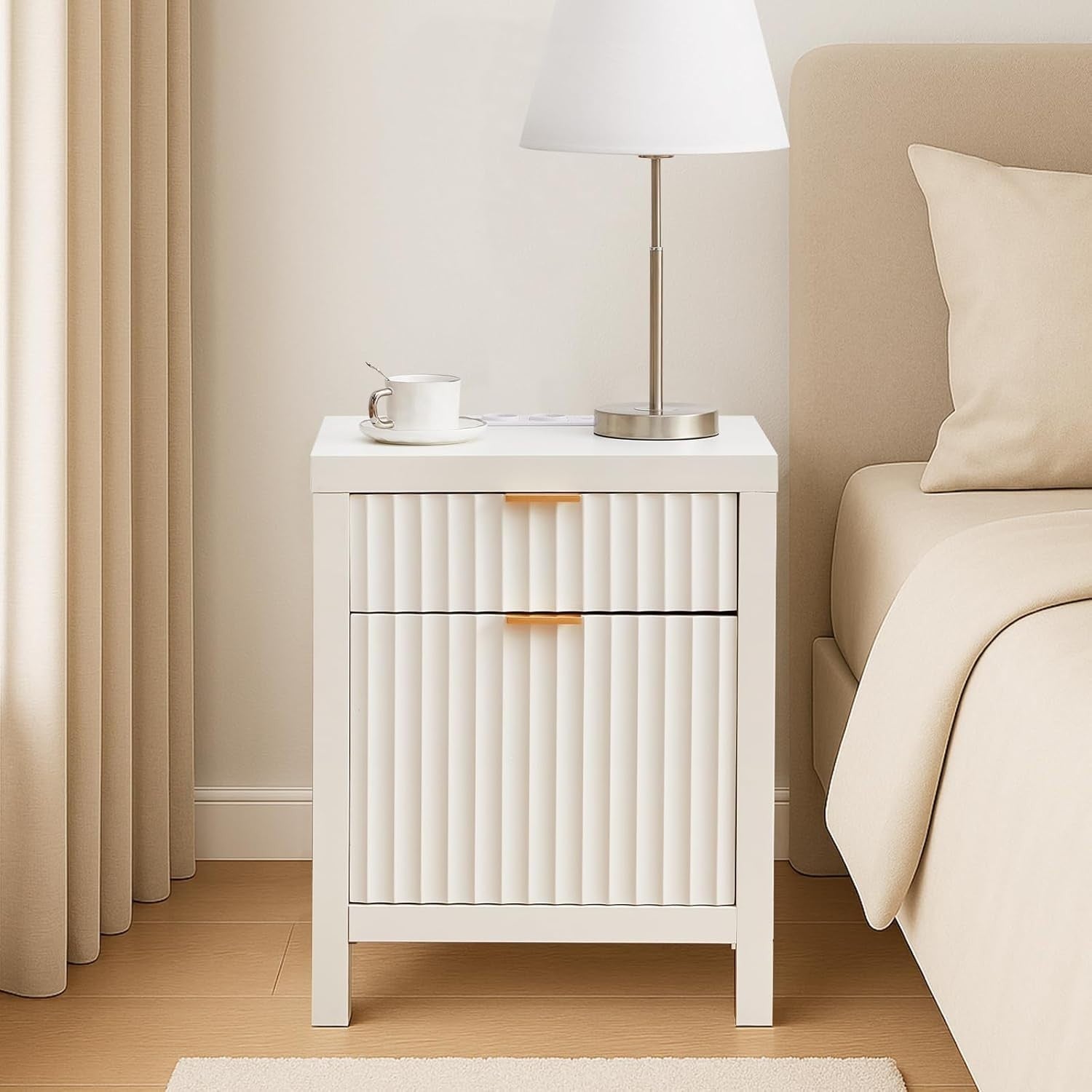 Modern White Bedside Table 2 Drawers with USB Charging Station 71x47x20cm