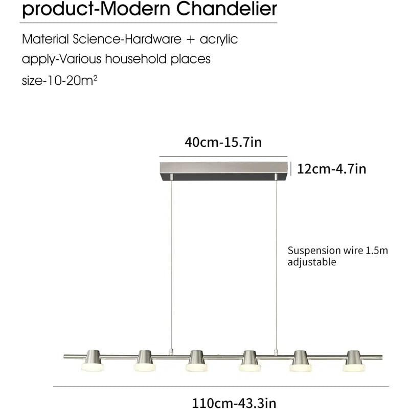 Modern 6-Light LED Pendant Chandelier Remote Dimmable 110CM Chrome Bar