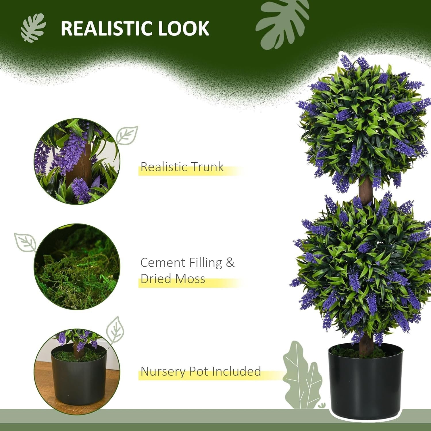 Set of 2 70cm Artificial Green Lavender Topiary Ball Trees in Weighted Pots Home