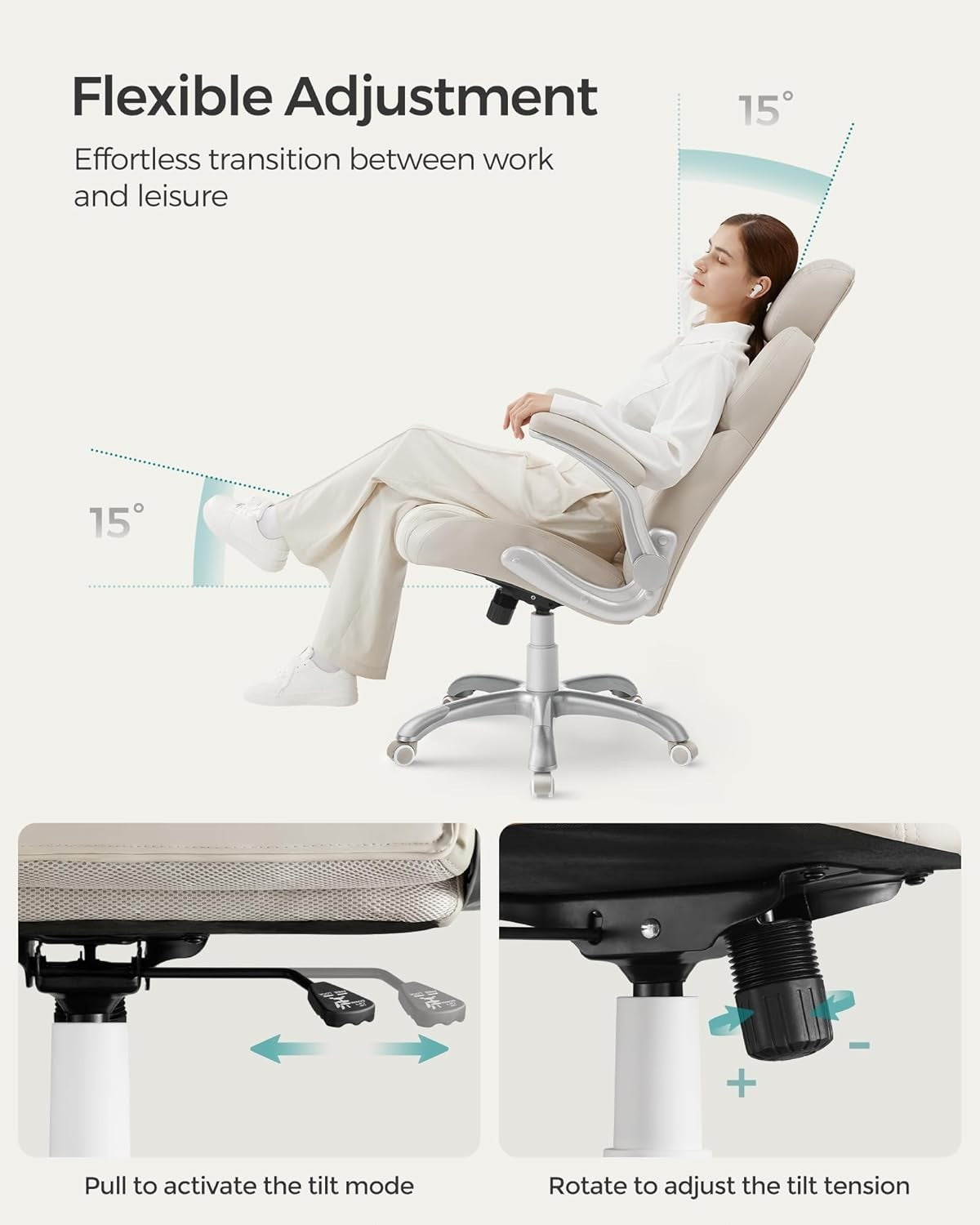 Executive Office Chair Swivel Cream White Adjustable Desk Seat 150kg Tilt