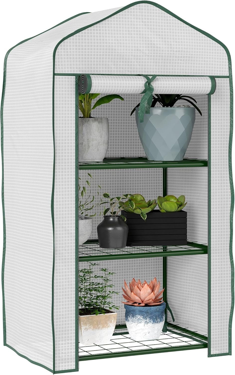 3 Tier Mini Greenhouse with Reinforced PE Cover Roll-Up Door for Plants