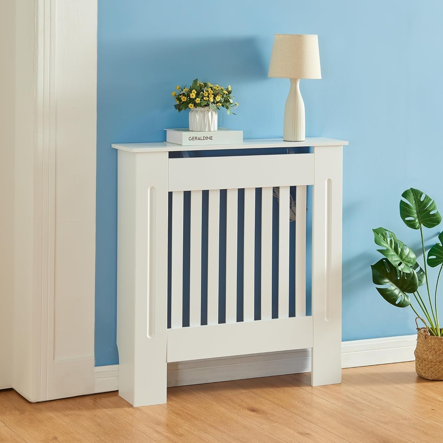 Small White Radiator Cover 78cm Modern Slatted Wood Heating Cabinet Shelf