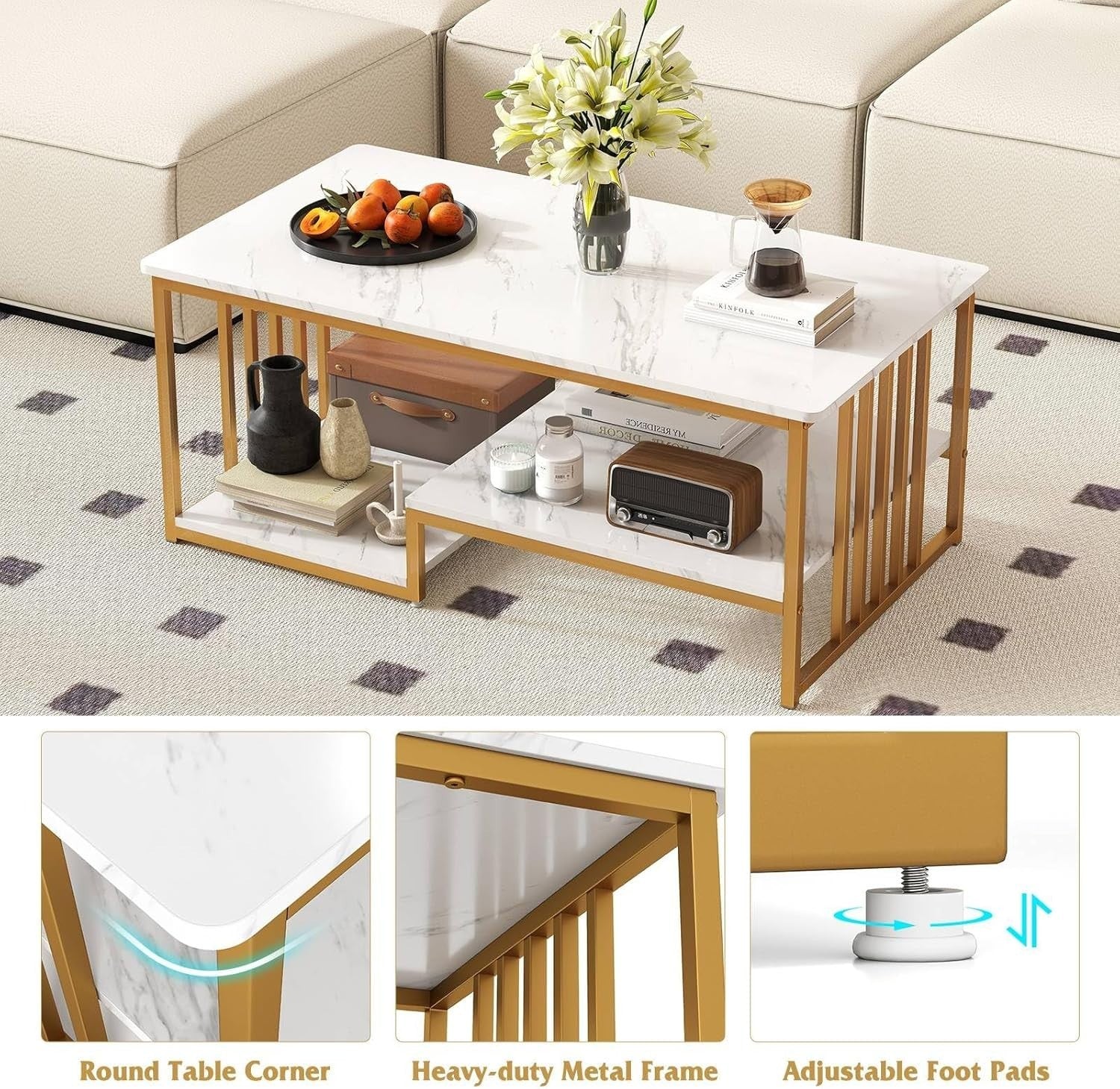 White Gold 3-Tier Coffee Table with Open Storage Shelves Faux Marble Modern