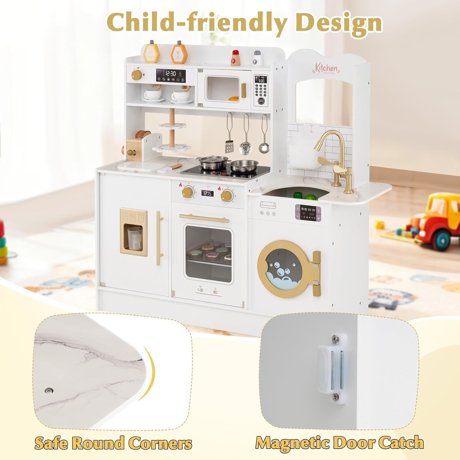 Kids Wooden Play Kitchen Light Sound Coffee Machine White Toy Set