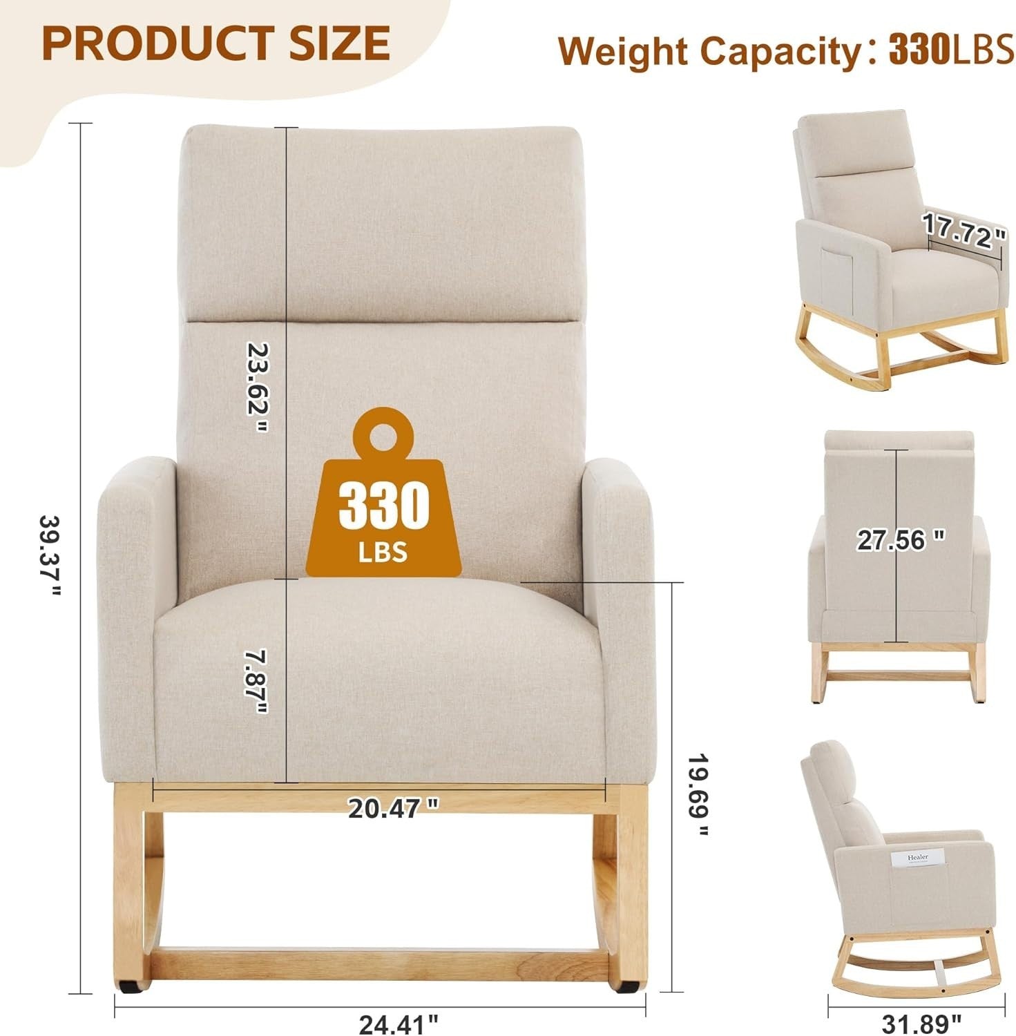 Beige Linen Rocking Chair for Adults with High Back, Storage & Wooden Legs