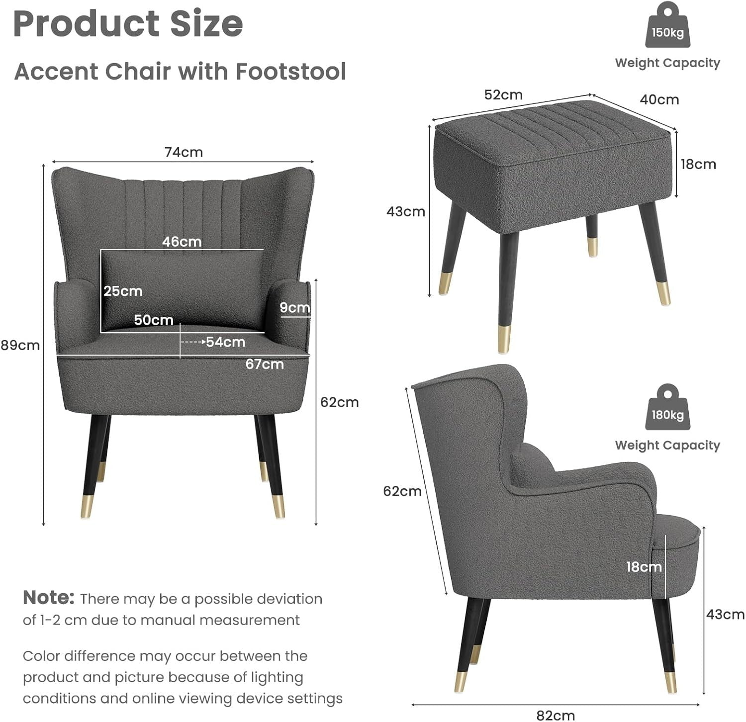 Modern Wingback Armchair w/ Ottoman Footstool, Teddy Fleece Lounge