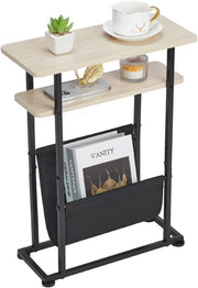 Slim Oak Side Table with Magazine Holder & Adjustable Feet 18x42x55cm