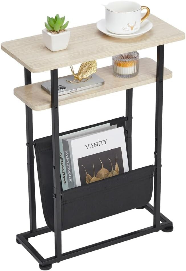 Slim Oak Side Table with Magazine Holder & Adjustable Feet 18x42x55cm