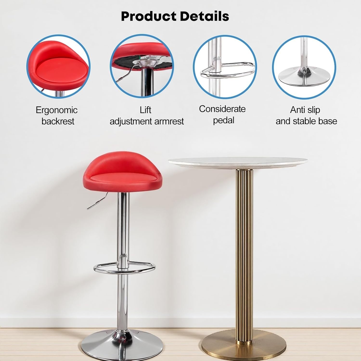 Red Faux Leather Bar Stool Set of 2 Round Armless Adjustable Swivel Chairs